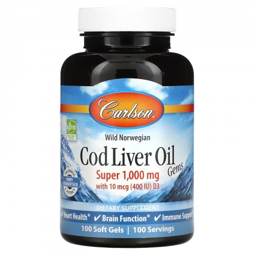 Carlson, Wild Norwegian, Cod Liver Oil Gems, жир печени дикой норвежской трески в капсулах, высшего качества, 1000 мг, 100 капсул Carlson, Wild Norwegian, Cod Liver Oil Gems, жир печени дикой норвежской трески в капсулах, высшего качества, 1000 мг, 100 капсул